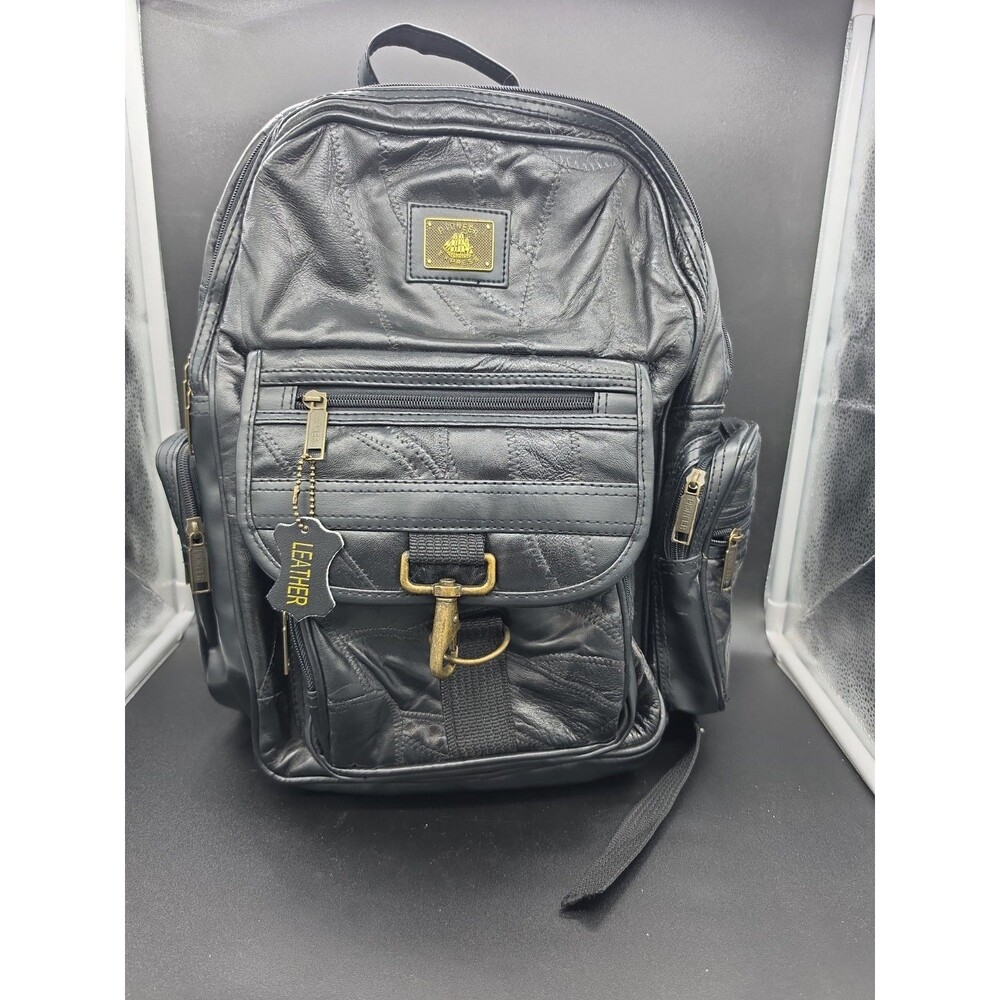 Vtg Pioneer Express Black Patchwork Genuine Leather Backpack Multi Pocket Goth
